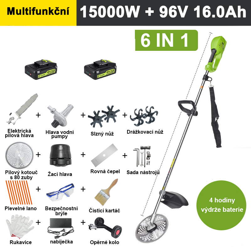 【6 v 1】2500W, 20V 8A lithiové baterie*2, výdrž baterie 4 hodiny, elektrická řezná hlava, nůž na orbu, nůž na podřezávání, vodní čerpadlo, 80zubý nůž, řezná hlava, řezná struna*10, rovný nůž, opěrné kolo, kompletní příslušenství.