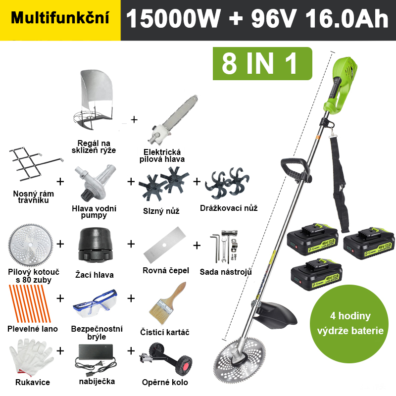 【8 v 1】5000W 36V 10A lithiová baterie*3, výdrž baterie 4 hodiny, elektrická hlava sekačky, radlice, drážkovací nůž, vodní čerpadlo, nůž 80 zubů, hlava sekačky, 10x struna sekání, rovný nůž, opěrné kolečko, opěrný rám na trávu, stojan na trávu, kompletní sada příslušenství