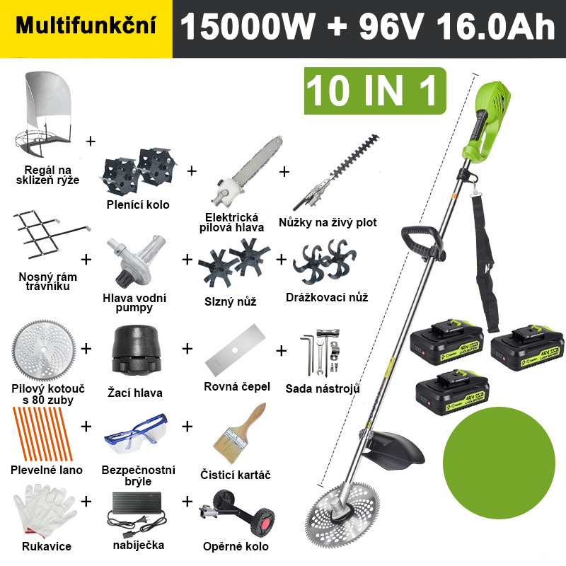 【10 v 1】7000W, 48V 12A lithiová baterie*3, výdrž baterie 6 hodin, elektrická žací hlava, kultivátor, kultivátor, vodní čerpadlo, 80zubý nůž, žací hlava, řezná struna*10, rovný nůž, opěrné kolo, podpůrný rám na trávník, rám na trávu, nůžky na živý plot, ramenní hlava, kompletní sada příslušenství