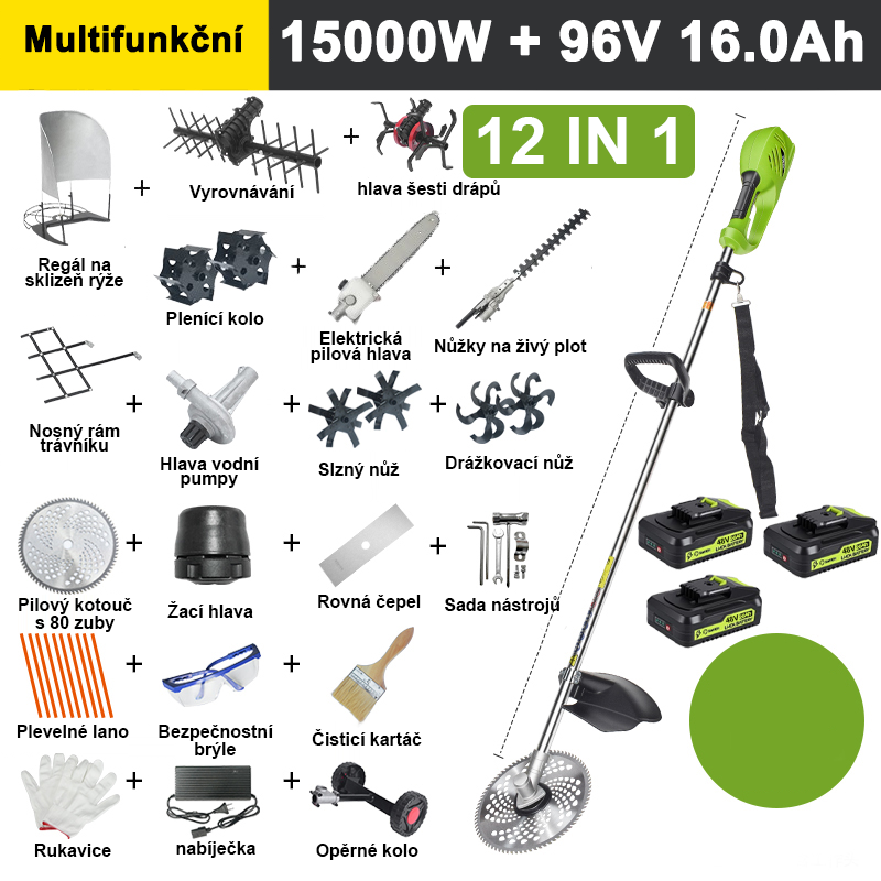 【12 v 1】9000W, 48V 20A lithiová baterie * 3, výdrž baterie 9 hodin, elektrická žací hlava, kultivátor, rýhovač, vodní čerpadlo, 80zubý nůž, žací hlava, žací lano * 10, rovný nůž, opěrné kolo, podpěrný rám na trávník, rám na trávu, nůžky na živý plot, plecí hlava, šestizubá hlava, vyrovnávací válec, kompletní sada příslušenství